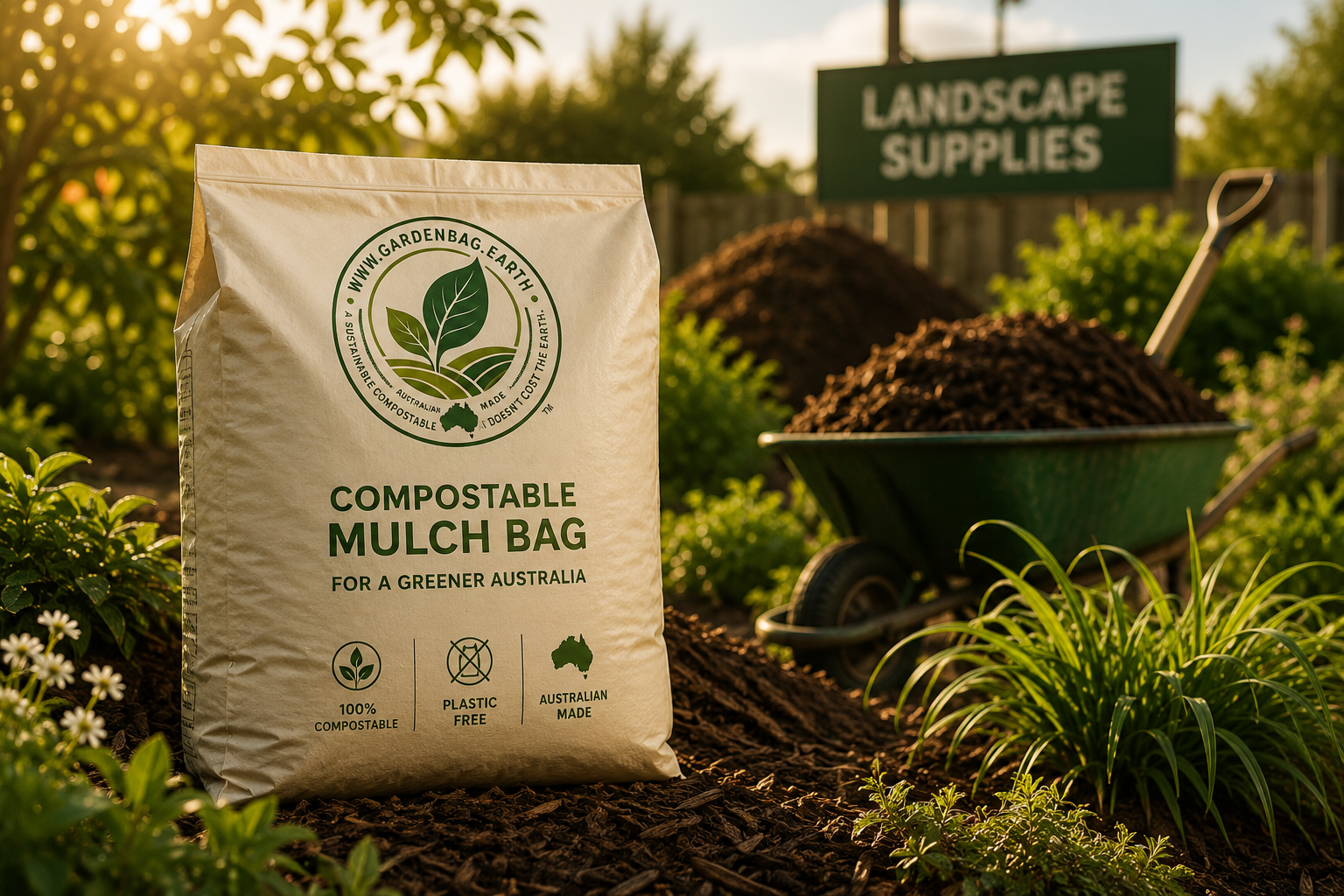 GardenBag compostable mulch bag at an Australian landscape supplies yard